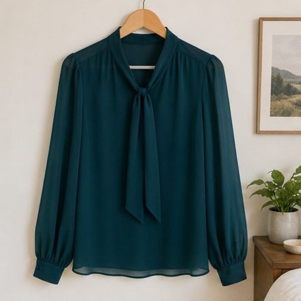 Teal Chiffon Tie Neck Blouse
